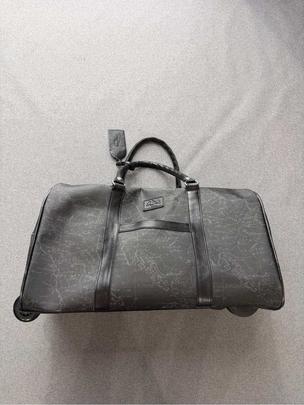Patricia Nash Black Coated Canvas Map-Print Rolling Travel Duffel Carry-On Bag